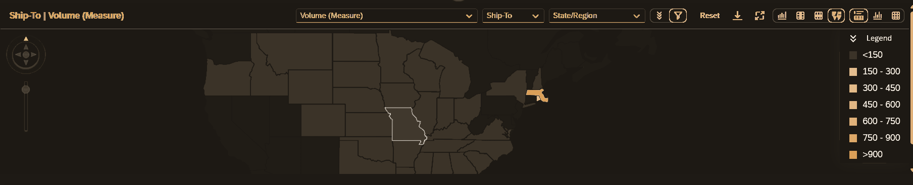 Intelligent Logistics Ship-To volume map for the evaluated shipment set